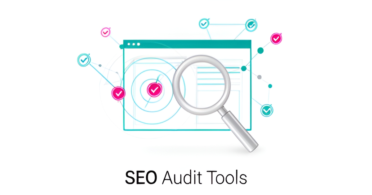 Flat illustration of a magnifying glass scanning a webpage wireframe with teal and magenta accents, headlined SEO Audit Tools.